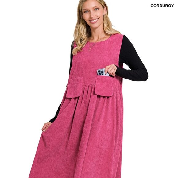 ZENANA Premium Magenta XL Corduroy Overall Popover Jumper Midi Pockets Dress - Picture 2 of 10